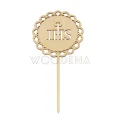 Drewniany topper na tort z motywem IHS.