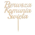 Drewniany topper na komunię „Pierwsza Komunia Święta” ze sklejki brzozowej, widok z przodu, na białym tle.