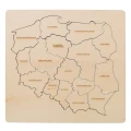 Drewniane puzzle - mapa Polski, widok z góry na ułożoną mapę z zaznaczonymi województwami.