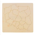 Drewniane puzzle - mapa Polski z zaznaczonymi granicami województw, wycięte ze sklejki brzozowej.