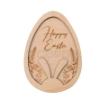 Drewniana zawieszka wielkanocna w kształcie jajka, z napisem Happy Easter, z króliczymi uszami i roślinnymi zdobieniami.
