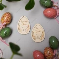 Drewniane zawieszki wielkanocne w kształcie jajek z napisami Wesołego Alleluja i Happy Easter, dekoracje.