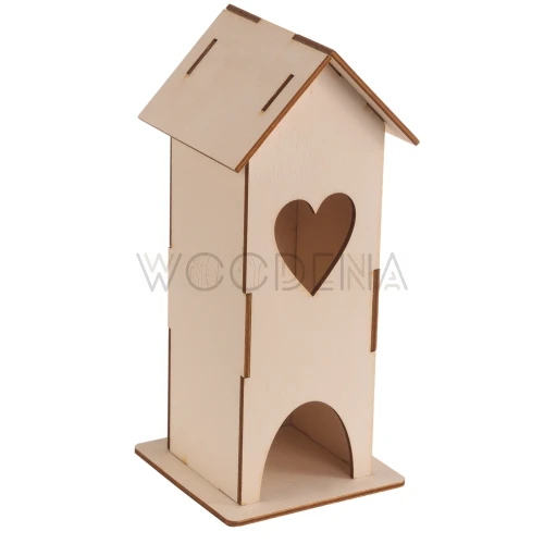 Wooden house-shaped tea container with heart