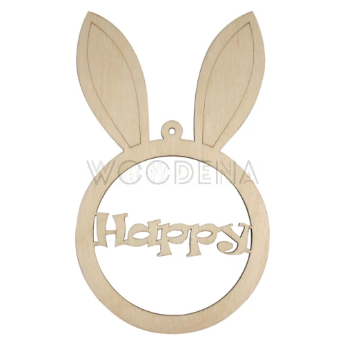 Drewniana zawieszka wielkanocna królik z napisem „Happy”