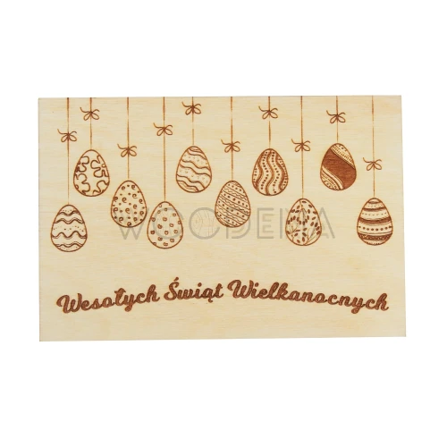 Drewniana kartka wielkanocna z pisankami