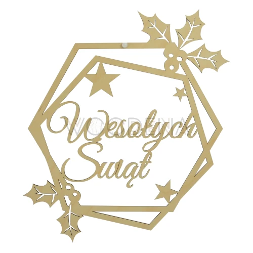 Wooden Christmas wreath "Wesołych Świąt" with holly