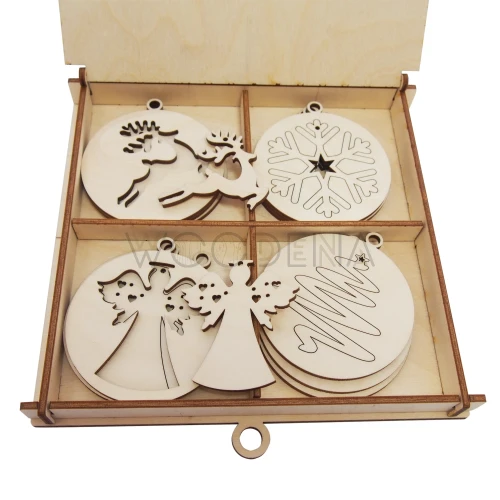 Drewniane pudełko z zawieszkami bożonarodzeniowymi - 24 szt. w pudełku