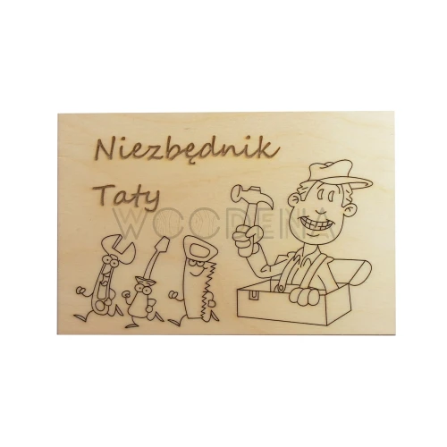Drewniana plakietka z napisem „Niezbędnik taty”