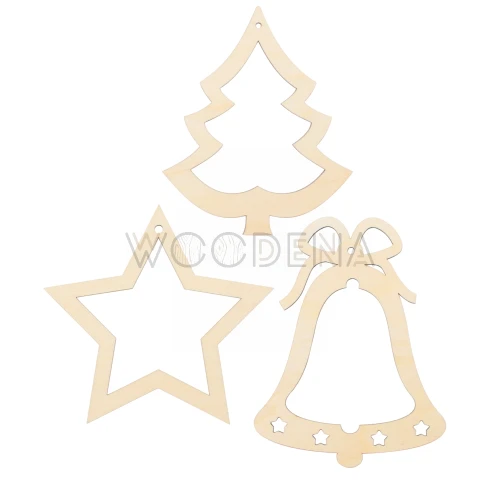Zestaw drewnianych ozdób świątecznych 15 szt. - gwiazdka, dzwonek, choinka