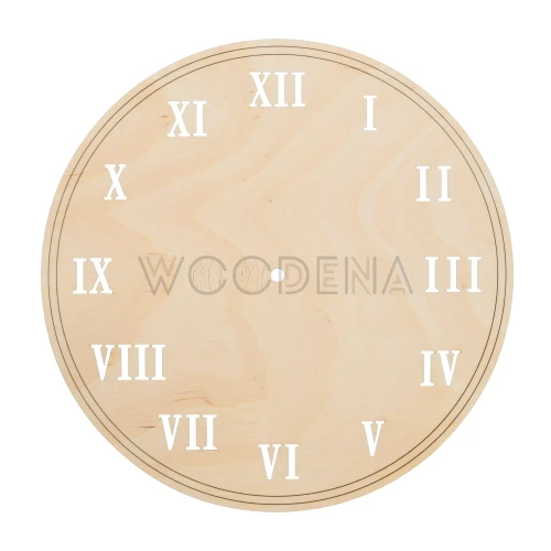 Zegar okrągły ze sklejki brzozowej, rzymskie cyfry.