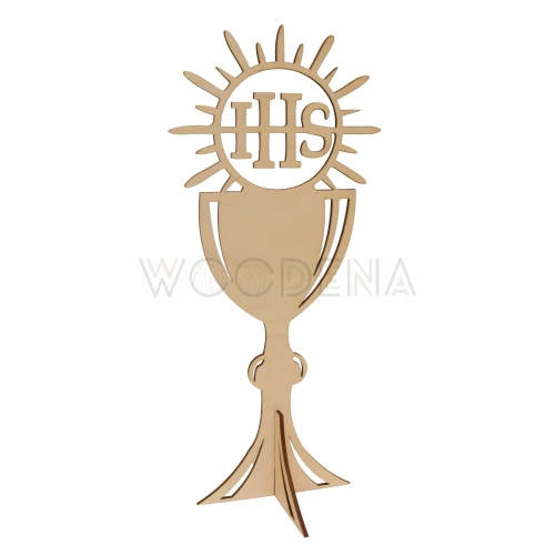 Drewniany kielich ozdobny na stół na Komunię ażurowy do postawienia