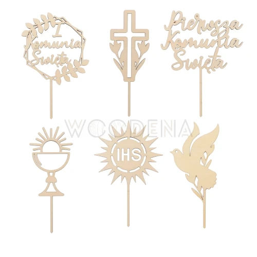 Drewniane mini toppery na Komunię - 6 szt. toppery na babeczki
