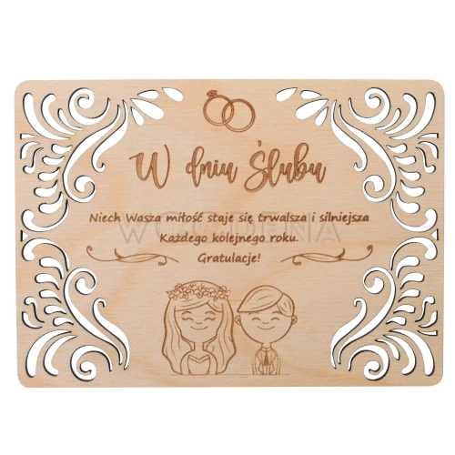 Drewniana kartka ślubna z grawerem