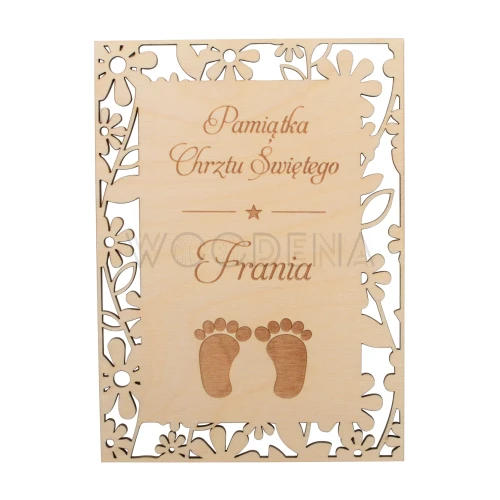 Drewniana pamiątka Chrztu Świętego - kartka z grawerem