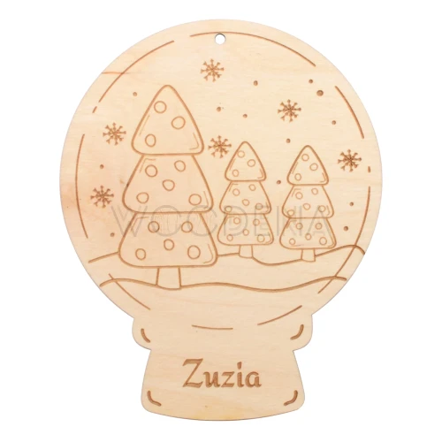 Kula śnieżna drewniana z imieniem i choinkami