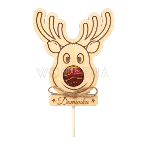 Renifer drewniany na lizaka - zawieszka bożonarodzeniowa z grawerem