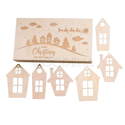 Pudełko drewniane z grawerem i zawieszkami domkami - 6 domków z drewna