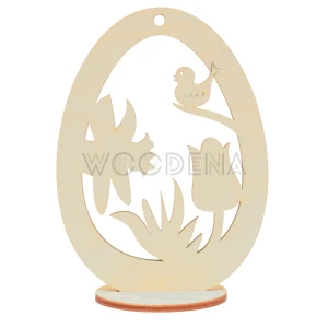 Plywood egg shaped Easter tag with flowers on stand