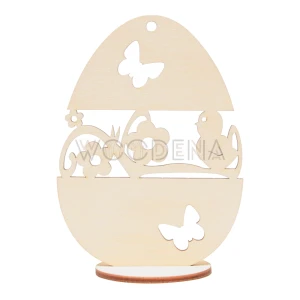 Wooden egg shaped Easter tag with flowers and butterflies on stand