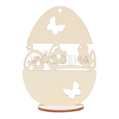 Wooden egg shaped Easter tag with flowers and butterflies on stand