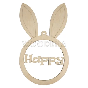 Drewniana zawieszka wielkanocna królik z napisem „Happy”