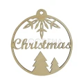 Drewniana bombka ze sklejki brzozowej z napisem Christmas, śnieżynką i choinkami.