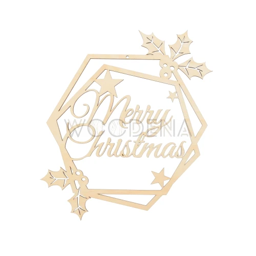 Wianek drewniany z napisem Merry Christmas, dekoracja z ostrokrzewem