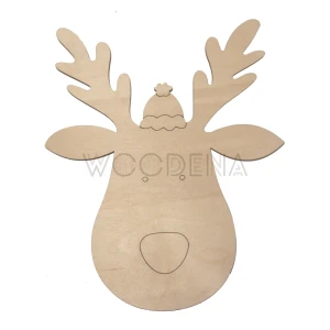 Wooden reindeer head with hat
