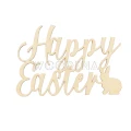 Drewniany napis Happy Easter z motywem zajączka, ozdoba wielkanocna ze sklejki brzozowej.