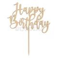 Drewniany topper na tort urodzinowy „Happy Birthday” ze sklejki brzozowej, widok z przodu na białym tle.
