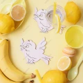 Drewniana podstawka zawieszka ptaszek: widok z góry, dwa drewniane ptaszki na żółtym tle z cytrusami i bananami.