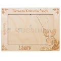 Drewniana ramka komunijna personalizowana z imieniem Laury, ozdobiona gołębiem, kielichem i datą 15.05.2023.