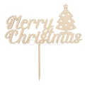 Drewniany napis Merry Christmas na patyku, z motywem choinki, idealny topper na świąteczne dekoracje.