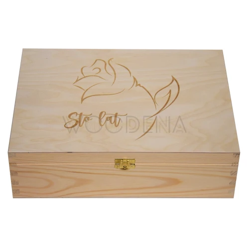 Wooden box with hinged lid - gift box with engraved flower
