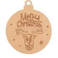 Drewniana bombka z wygrawerowanym reniferkiem i napisem Merry Christmas, idealna ozdoba choinkowa.