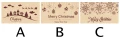 A: Ilustracja z motywem świątecznym, domkami, choinkami, Mikołajem i napisem Merry Christmas.
B: Grafika z ozdobami choinkowymi i napisem Merry Christmas & Happy New Year.
C: Wzór z płatkami śniegu i napisem Merry Christmas na tle w stylu vintage.