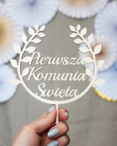 Topper na Komunię "Pierwsza Komunia Święta" wieniec laurowy