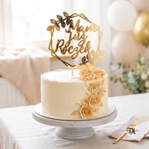 Topper na tort "Mam już Roczek" w heksagonie z liśćmi