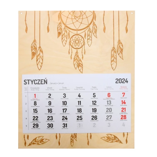 Wooden one-part calendar with engraved dream catcher