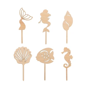 Wooden mini toppers with mermaid - set of 6 pcs.