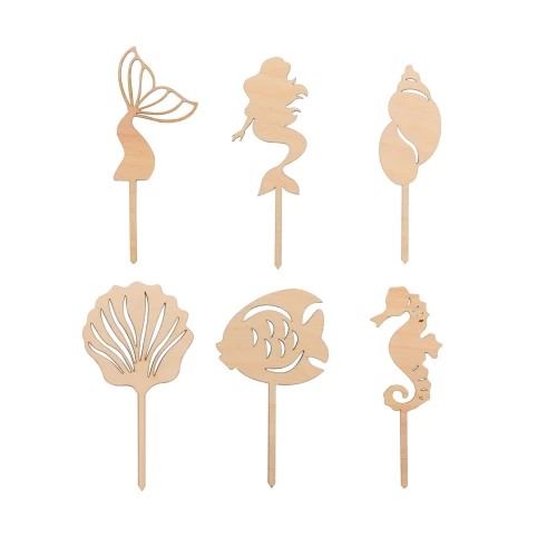 Wooden mini toppers with mermaid - set of 6 pcs.