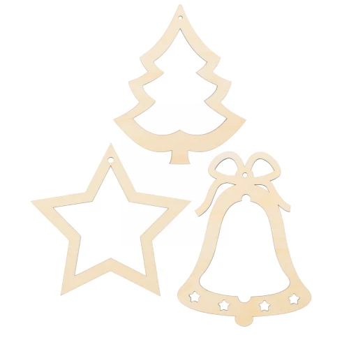 Set of wooden Christmas ornaments 15 pcs. - star, bell, Christmas tree