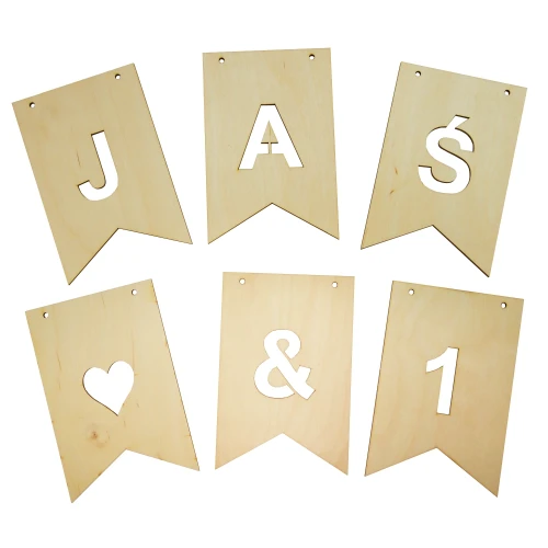 Plywood flag elements of garland - letters, numbers, heart