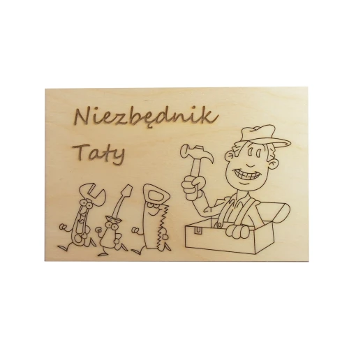 Drewniana plakietka z napisem „Niezbędnik taty”