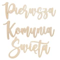 Drewniana girlanda do zawieszenia z napisem Pierwsza Komunia Święta.