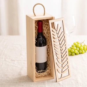 Single wine box with sliding lid - openwork leafy pattern, wooden box for alcohol