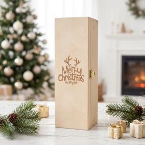 Single wine box with hinged lid - christmas engraved gift box