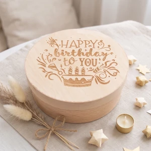 Round box with lid - wooden engraved box, gift for birthday