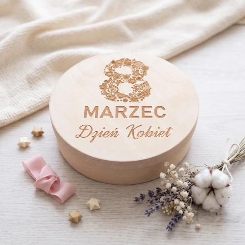 Round box with lid - wooden engraved box for Women's Day