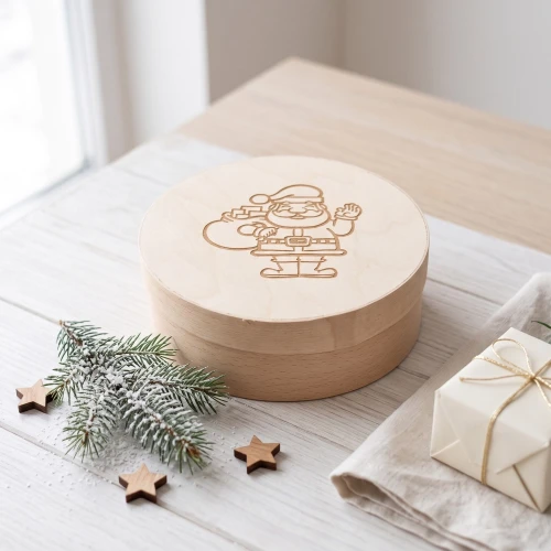 Round box with lid - wooden christmas box with Santa Claus